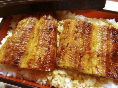 Pirinçli ızgara yılan balığının yakın plan görüntüsü.     