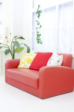 Kırmızı kanepe ve yastık oturma odası arka planında.