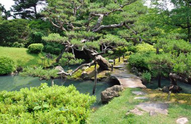 Huzurlu bir Japon bahçesine kurulmuş sakin bir gölet.