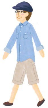  Beyaz arka planda yürüyen çizgi film karakteri..