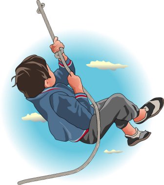 Çocuk mavi gökyüzü arka planında ipe tırmanıyor. 