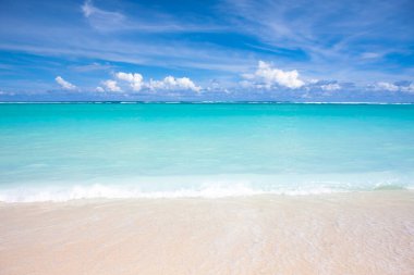 Tropikal tatil beldesindeki kumlu kumsal manzarası.