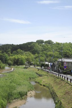 Kırsal evlerin yakınındaki küçük nehri çevreleyen yemyeşil arazi