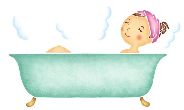 Güzel gülümseyen bir kadının banyo yaptığı karikatür çizimi.