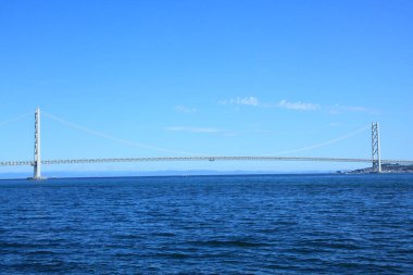 Gündüz vakti iki kıyı arasındaki köprünün hava görüntüsü