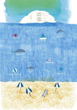 Kaprisli bir kesitte bir sahil, balinalar ve balıklarla dolu bir okyanus ve bir buzdağı görülüyor..