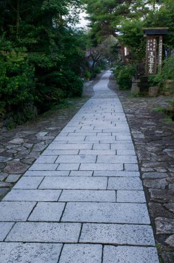Yeşil park arasındaki Asya tapınağına giden taş yol.