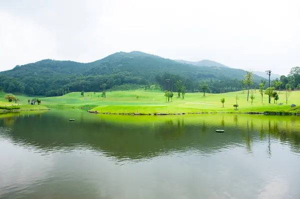 Vista Lago Campo Golfe Com Grama Verde — Fotografia de Stock