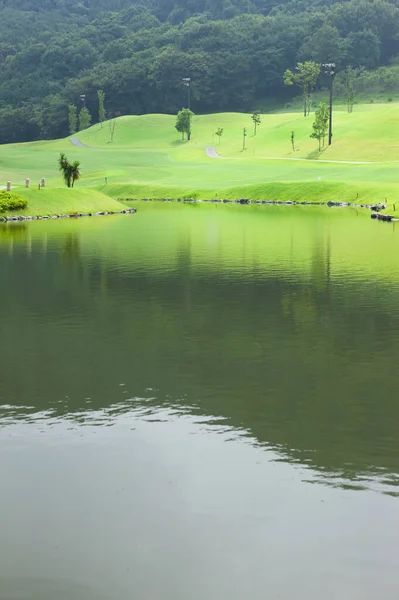 Vista Lago Campo Golfe Com Grama Verde — Fotografia de Stock
