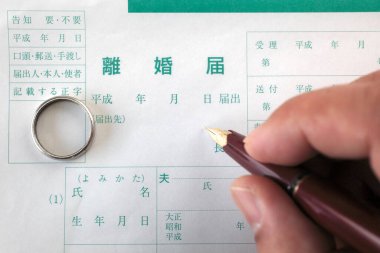 hand with Japanese marriage registration and divorce notification and ring  clipart