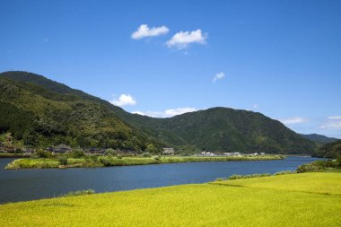 Göl manzarası ve yeşil dağlar 