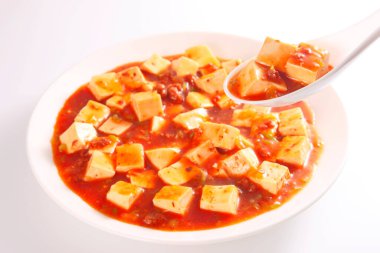  cuisine mabo tofu in a dish on white background, Japanese style clipart
