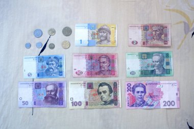 Ukrayna parası, bozuk para ve banknotları.