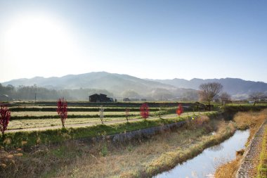 Nehir ve dağ olan güzel bir manzara.