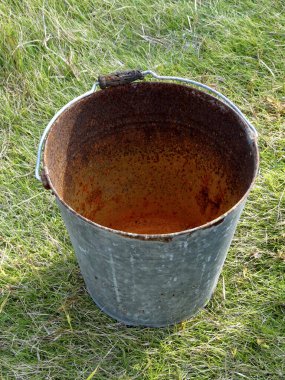 Bahçedeki eski paslı kova.