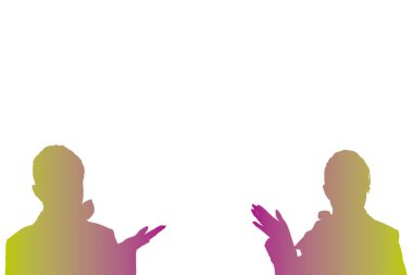 Soyut bir dijital görüntüdeki iki kişinin siluetleri, elleri açık bir şekilde bir şeyleri tartışıyor gibi görünüyor..