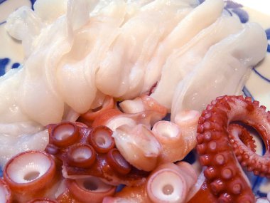 İçinde taze ahtapot bulunan deniz ürünleri tabağı ve kıyı ortamında dekoratif bir tabakta dilimlenmiş balık.