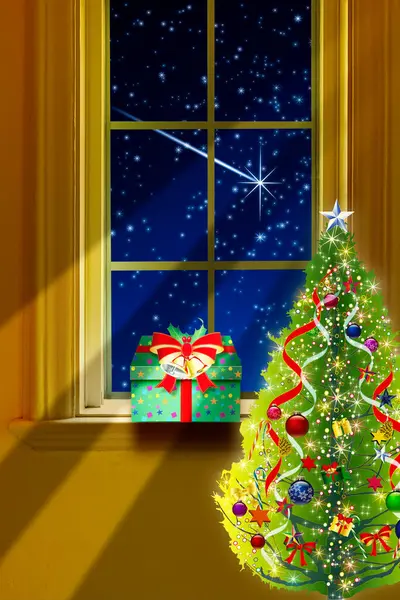 Boîte Cadeau Noël Sur Fenêtre — Photo