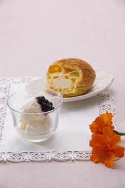 Enjoying dessert with ice cream and pastry