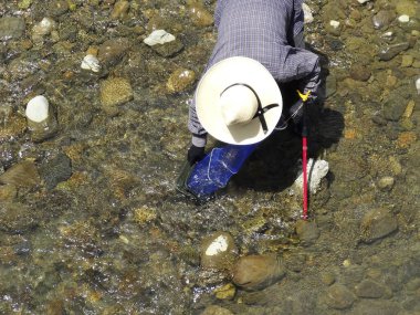 fisherman wearing white hat holding blue net in the river 