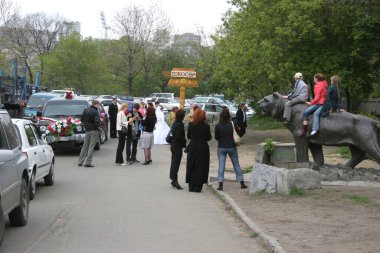İnsanlar park halindeki arabaların yanında toplanıyor
