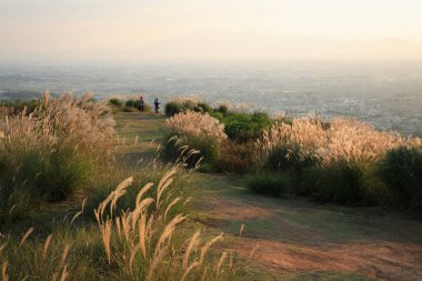 Dağların güzel manzarası, tarladaki manzaranın tadını çıkaran insanlar. 