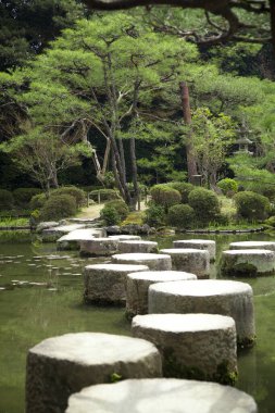 Bahar manzaralı Japon bahçesi.