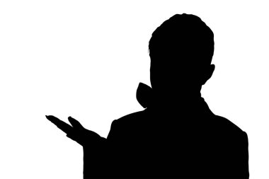Takım elbiseli bir kişinin siyah silueti, izleyiciye bakmadan açık bir jest yapıyor..