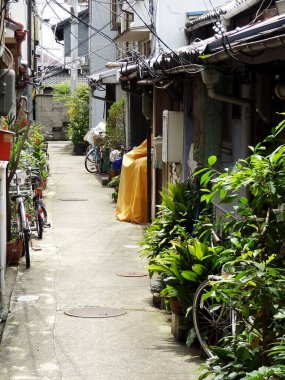 Çamaşır asan bisikletli saksı bitkilerinin ve eski binaların bulunduğu dar sokaklar