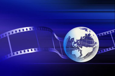 Mavi ve mor soyut arka planı olan bir film şeridinin yanında bir küre..