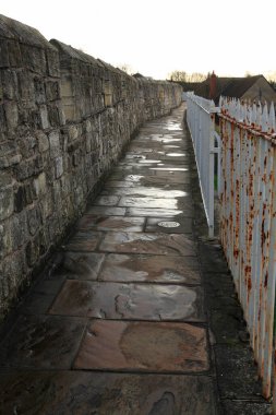 Eski taş duvarın ve paslı çitin yanındaki ıslak taş patika.