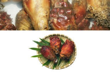 Meyve ve kökleri sepette sergilenir.