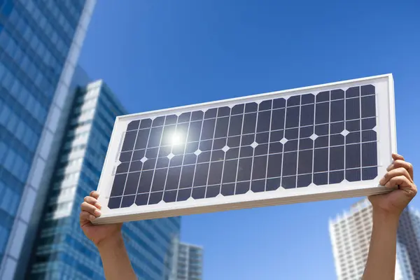 Hands Holding Solar Panel City — Stock Photo, Image