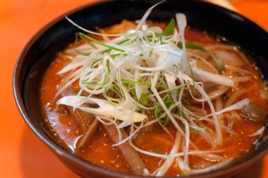 Delicious bowl of spicy ramen soup