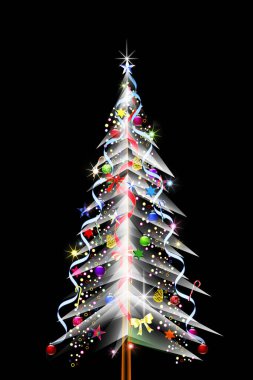 Işıkları ve süslemeleri siyah arka planda olan güzel bir Noel ağacı         