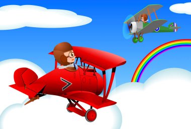 karikatür uçakları, bulutlar ve gökkuşağı 