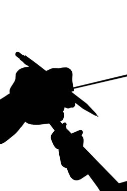 Beyaz arka plana karşı uzun, ince bir aleti tutan iki elli siyah bir siluet..