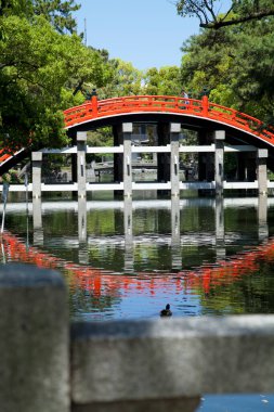Japonya 'daki parkta yeşil ağaçlarla güzel bir köprü.
