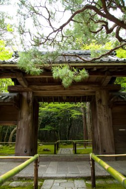 Yeşil ağaçlı ve geleneksel Japon mimarisi olan güzel Japon bahçesi manzarası