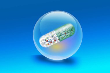 Mavi arka planda baloncukta tıbbi hap