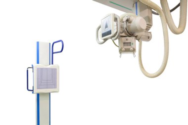 Modern tıbbi x-ray makinesi beyaz arka planda duruyor
