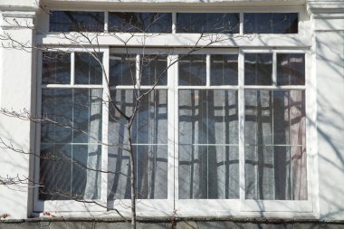 Büyük beyaz çerçeveli pencere karmaşık gölgeler bırakıyor