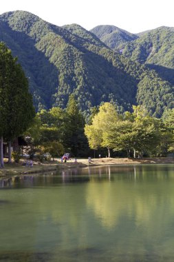 Arka planda dağ olan göl 