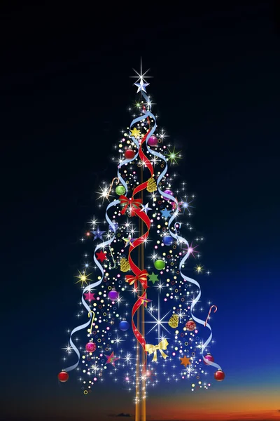 Hermoso Árbol Navidad Festivo Con Luces Decoraciones Sobre Fondo Negro — Foto de Stock