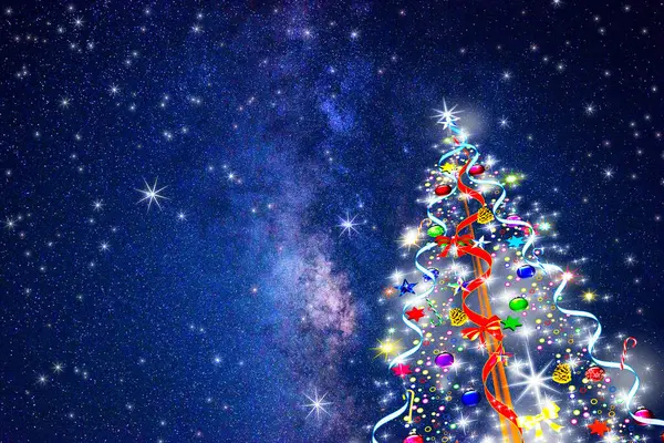 Árvore Natal Festiva Bonita Com Decorações Céu Com Estrelas — Fotografia de Stock
