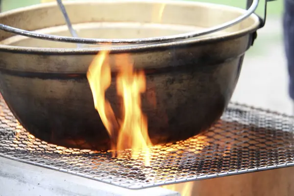 Close View Meal Cooking Fire Metal Pot — Stock Photo, Image