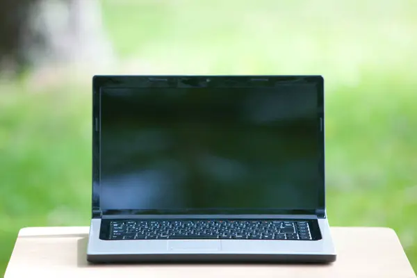 Laptop Auf Dem Tisch Freien Auf Der Grünen Wiese — Stockfoto