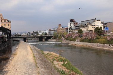 Köprüsü ve arkasında binaları olan bir nehir..