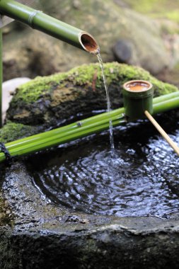 Bambu dalları ve akan sularla dolu çeşme. 