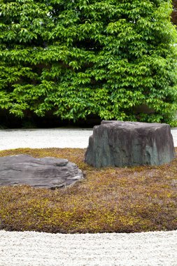 Arka planda ağaç olan bahçede bir taş.